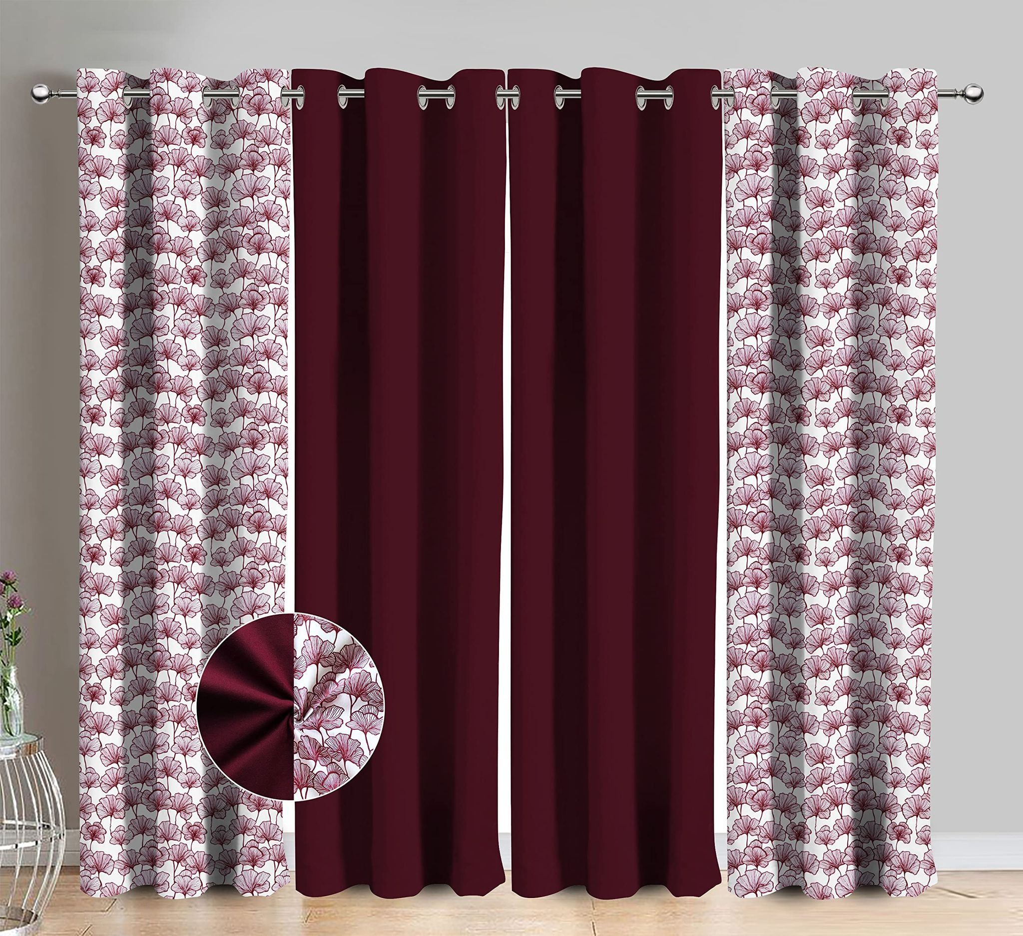 AIRWILL Cotton Single Leaf Maroon Floral & Solid Pattern Window Curtains 153 / 5ft Length - (Maroon, Pack of 4)