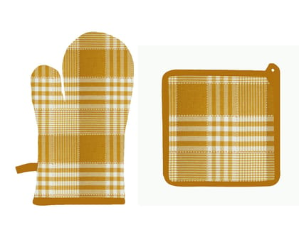 Airwill ? Cotton Designer Pattern Heat Resistant Kitchen Linens (1 Oven Mitt & 1 Pot Holder) (Yellow)