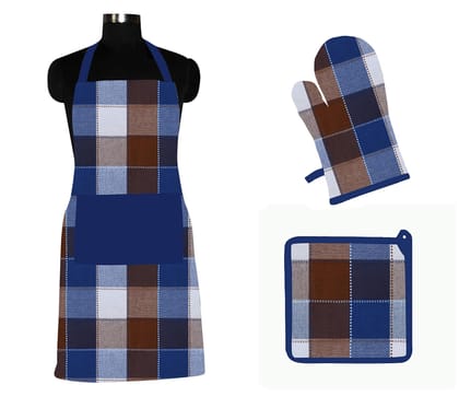 AIRWILL ? Cotton Designer Pattern with High-Quality Heat Resistant Kitchen Linen Set (1 Apron, 1 Oven Mitt, 1 Pot Holder) (Blue, Brown)