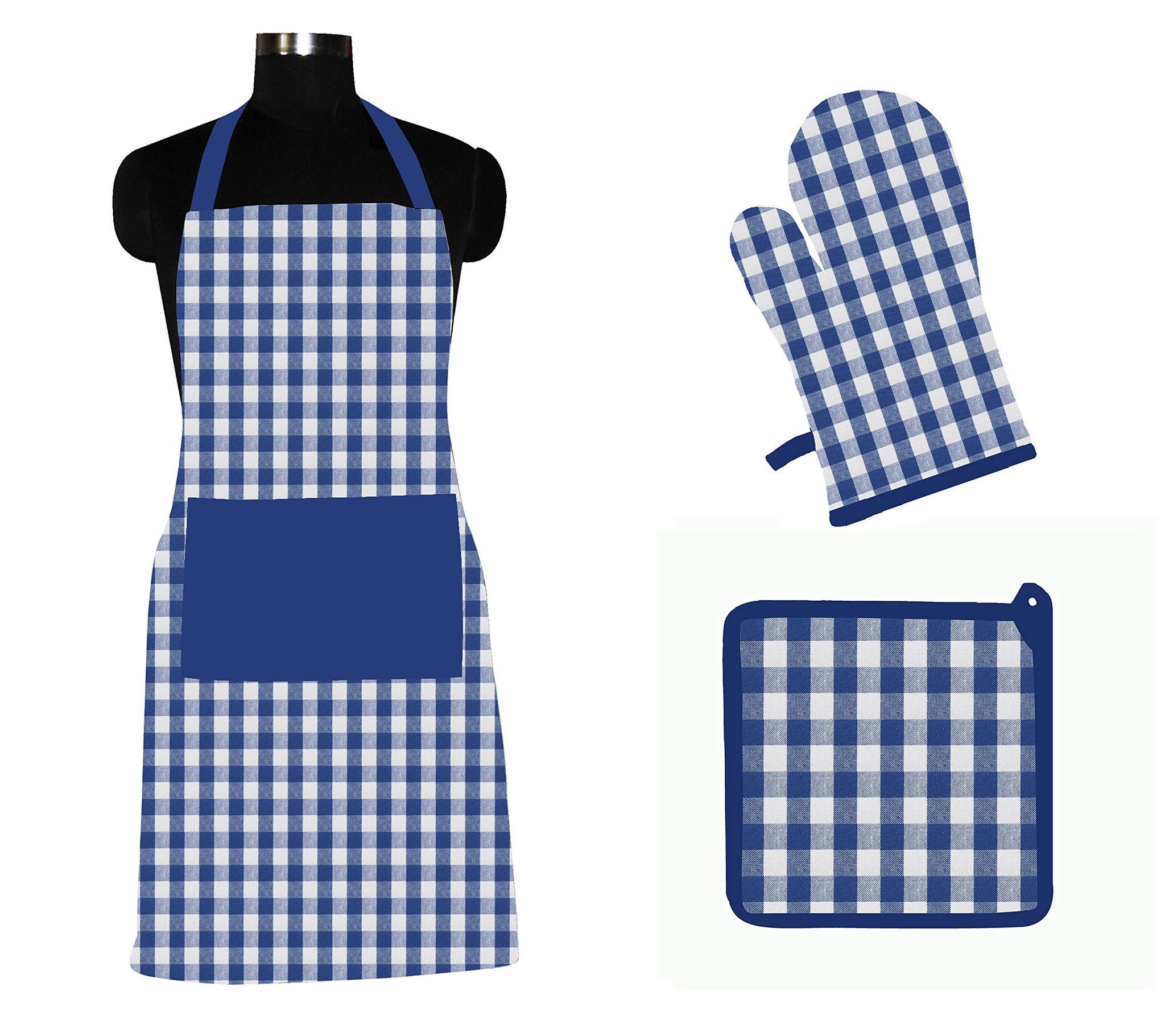 AIRWILL ? Cotton Designer Pattern with High-Quality Heat Resistant Kitchen Linen Set (1 Apron, 1 Oven Mitt, 1 Pot Holder) (Blue, White)