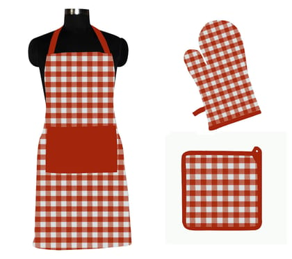 AIRWILL ? Cotton Designer Pattern with High-Quality Heat Resistant Kitchen Linen Set (1 Apron, 1 Oven Mitt, 1 Pot Holder) (Red, White)