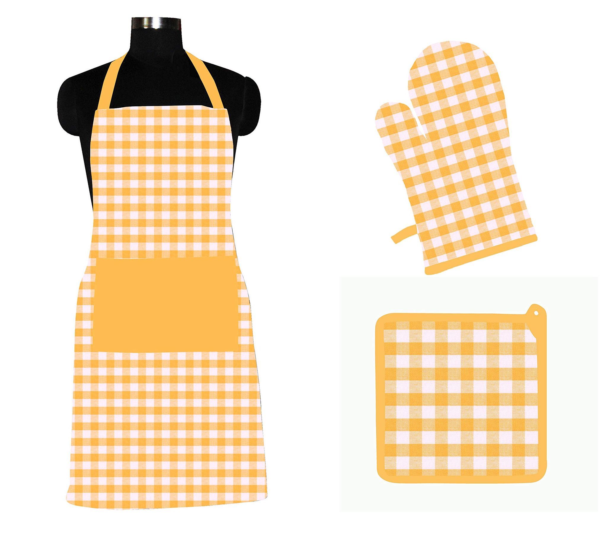 AIRWILL ? Cotton Designer Pattern with High-Quality Heat Resistant Kitchen Linen Set (1 Apron, 1 Oven Mitt, 1 Pot Holder) (Orange, White)