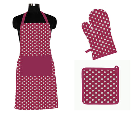 AIRWILL ? Cotton Designer Pattern with High-Quality Heat Resistant Kitchen Linen Set (1 Apron, 1 Oven Mitt, 1 Pot Holder) (Pink, White)