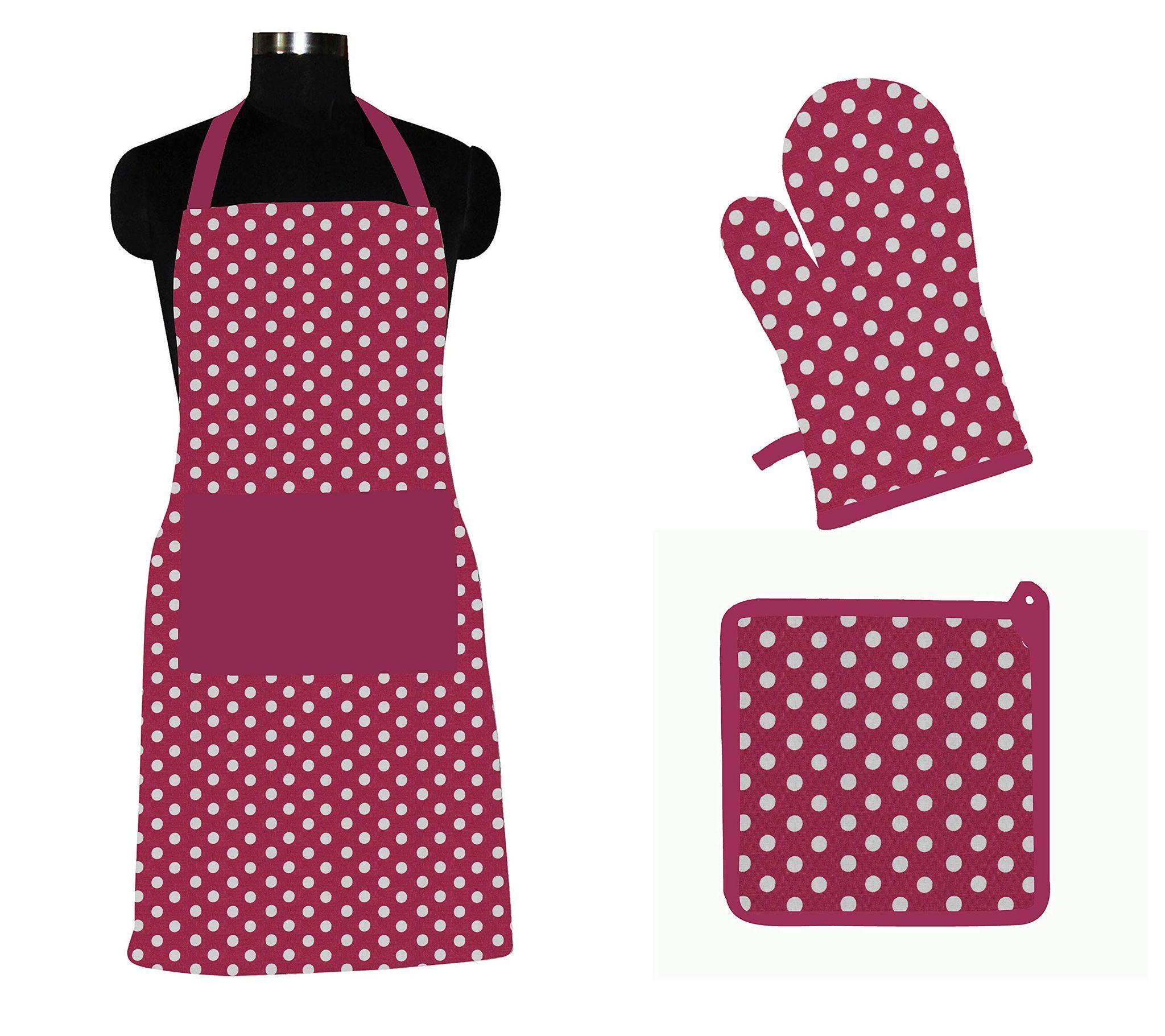 AIRWILL ? Cotton Designer Pattern with High-Quality Heat Resistant Kitchen Linen Set (1 Apron, 1 Oven Mitt, 1 Pot Holder) (Pink, White)