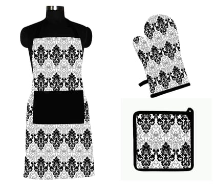 AIRWILL ? Cotton Designer Pattern with High-Quality Heat Resistant Kitchen Linen Set (1 Apron, 1 Oven Mitt, 1 Pot Holder) (Black, White)