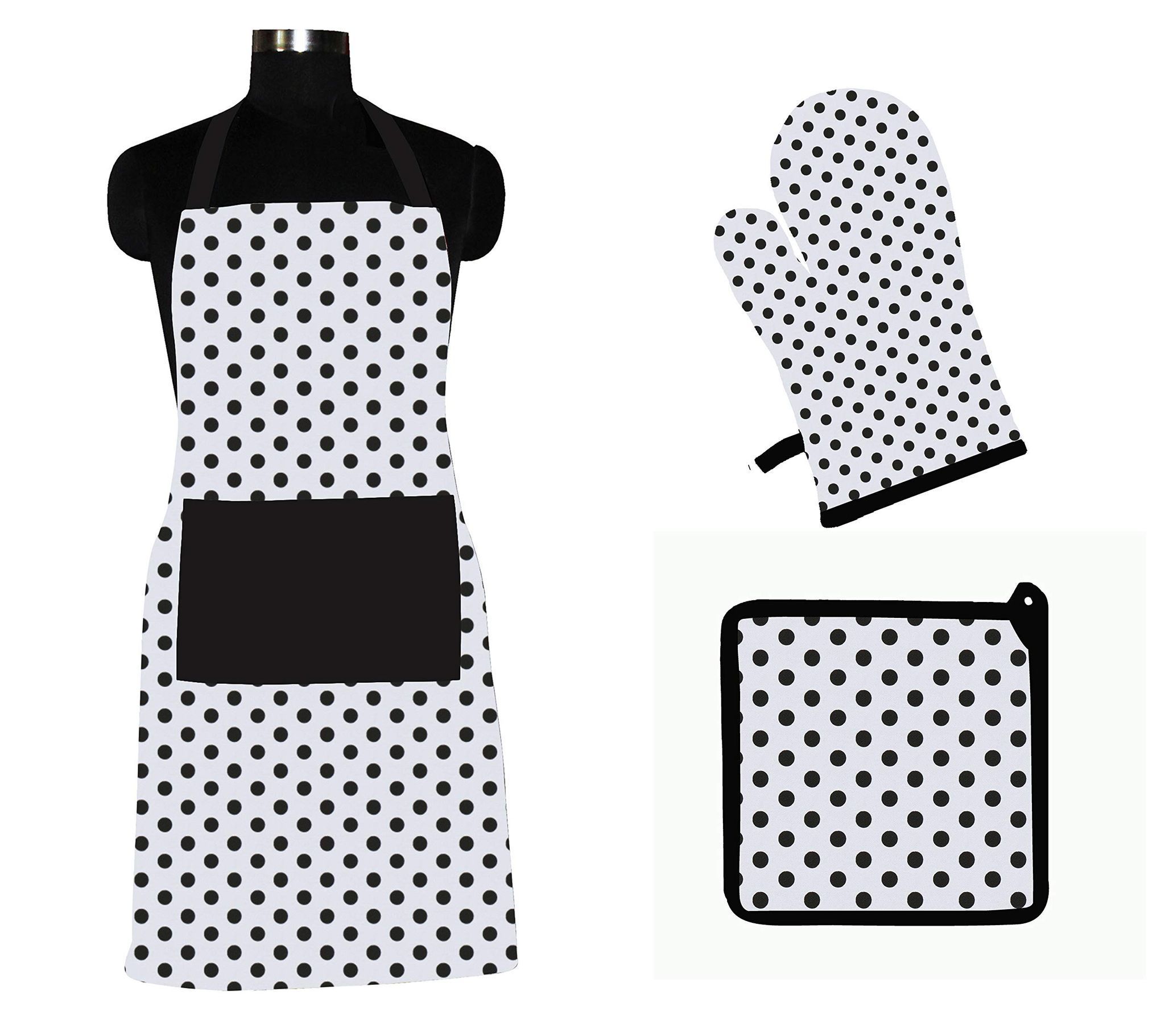 Airwill ? Cotton Designer Pattern Heat Resistant Kitchen Linen Set (1 Apron, 1 Oven Mitt, 1 Pot Holder) (Black, White)