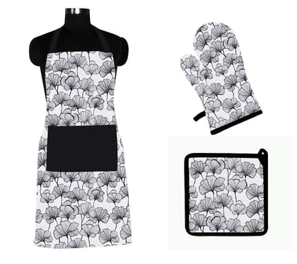 AIRWILL ? Cotton Designer Pattern with High-Quality Heat Resistant Kitchen Linen Set (1 Apron, 1 Oven Mitt, 1 Pot Holder) (White, Black)