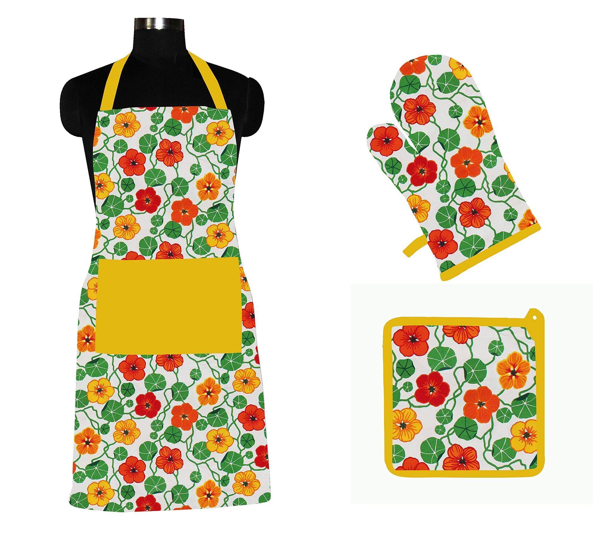 AIRWILL ? Cotton Designer Pattern with High-Quality Heat Resistant Kitchen Linen Set (1 Apron, 1 Oven Mitt, 1 Pot Holder) (Multicolor)