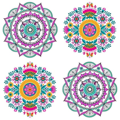 APM Rangoli Set of Four Pcs Waterproof Laminated Floor Sticker in 12X12 inches (RS02) (R03)