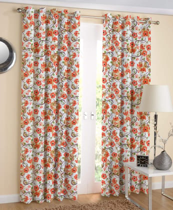 AIRWILL Cotton Orange Flower Designed Long Door Curtains 4x9ft Pack of 2 Pieces