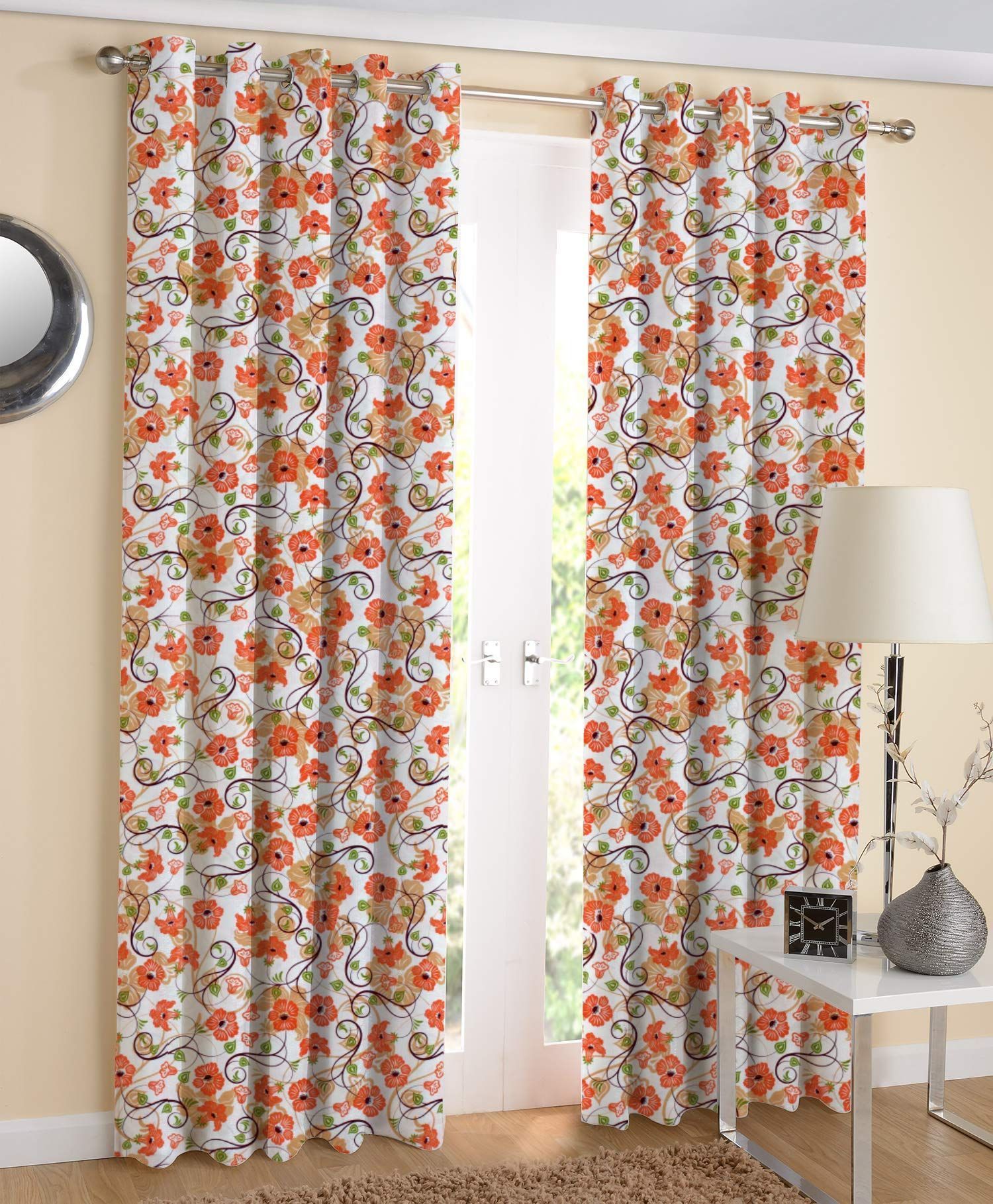 AIRWILL Cotton Orange Flower Designed Long Door Curtains 4x9ft Pack of 2 Pieces