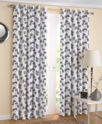 AIRWILL White & Black Floral Pattern Cotton Neem Leaf Designed Long Door Curtains 4x9ft Pack of 2 Pieces