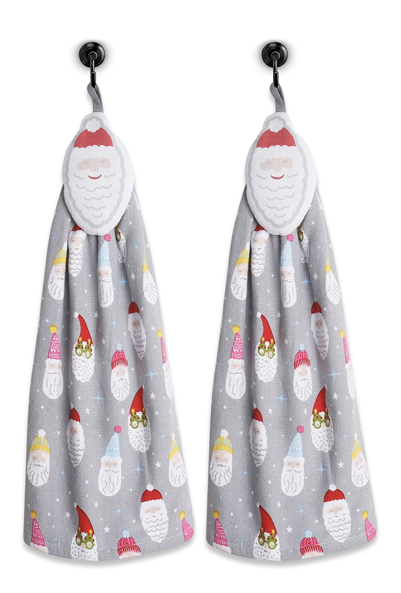 AIRWILL, 100% Cotton Designer Printed with One Side Terry Weaved Woven Wash Basin Towels, Hanging Typed - Design, Santa Claus with Snow Star Theme - Pack of 2 pcs