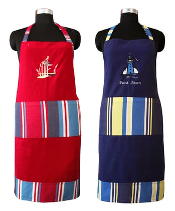 Airwill, 100% Cotton Designer Weaved Aprons, with 1 Center Pocket, Adjustable Buckle on Top and 2 Long Ties On Both 2 Sides. Pack of 2 Piece