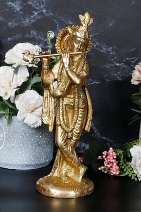 ARTVARKO Brass Statue Murti of Lord Krishna Idol Playing Flute for Home D�cor Living Room Pooja Item Temple Mandir Gallery 10 Inch