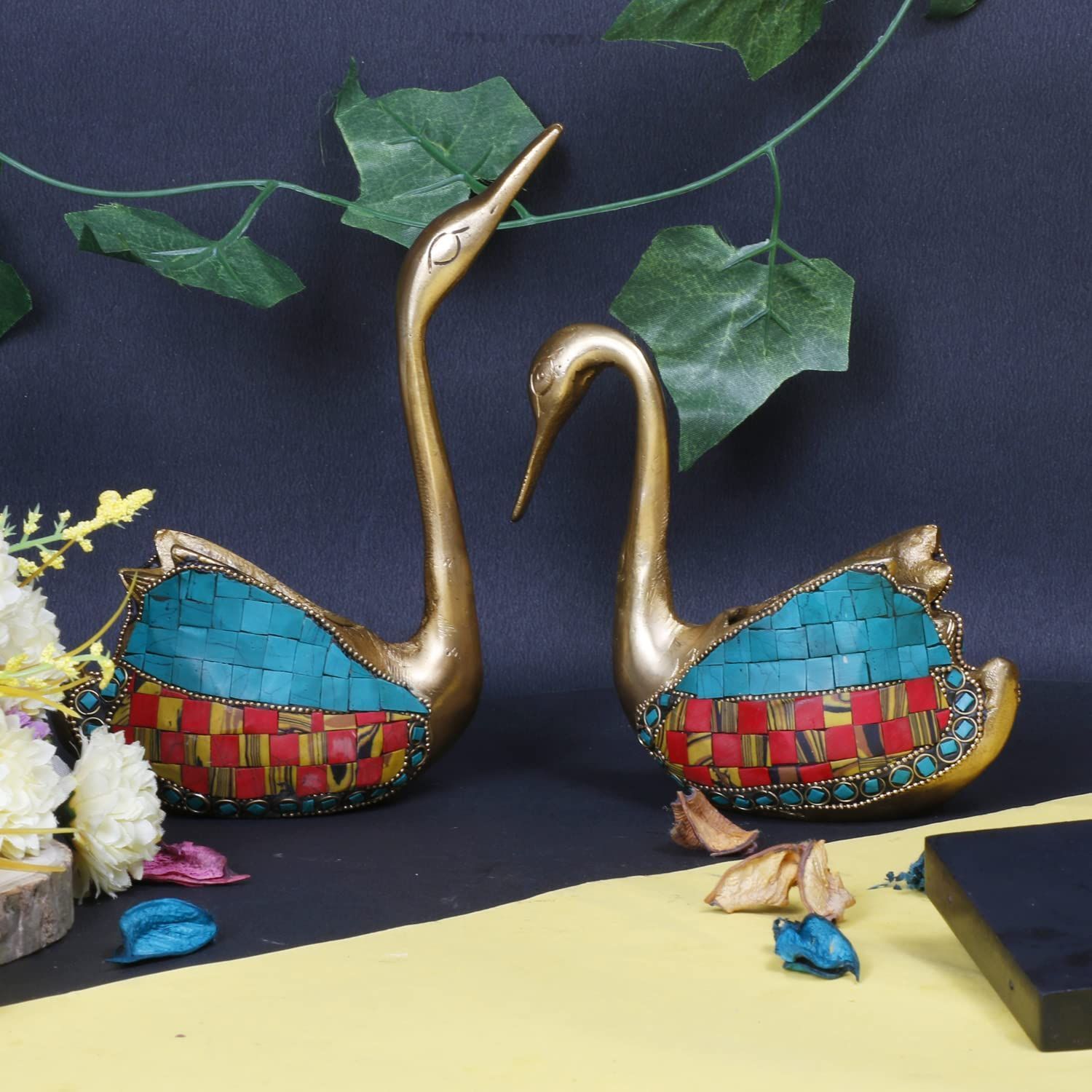 Artavrko Brass Swan Pair Multicolor Stone Handwork Multipurpose use Napkin Holder Cum Pen Stand Duck Pair Statue Vastu Love Couple Decorative Animal Gift Showpiece