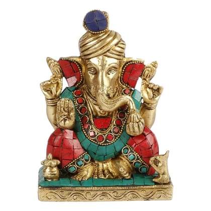 ARTVARKO Brass Safa Ganesha Multicolor Gemstone Handwork Idol Murti for Home Decor Office Good Luck Mandir Temple Success and Prosperity Height 6 Inches