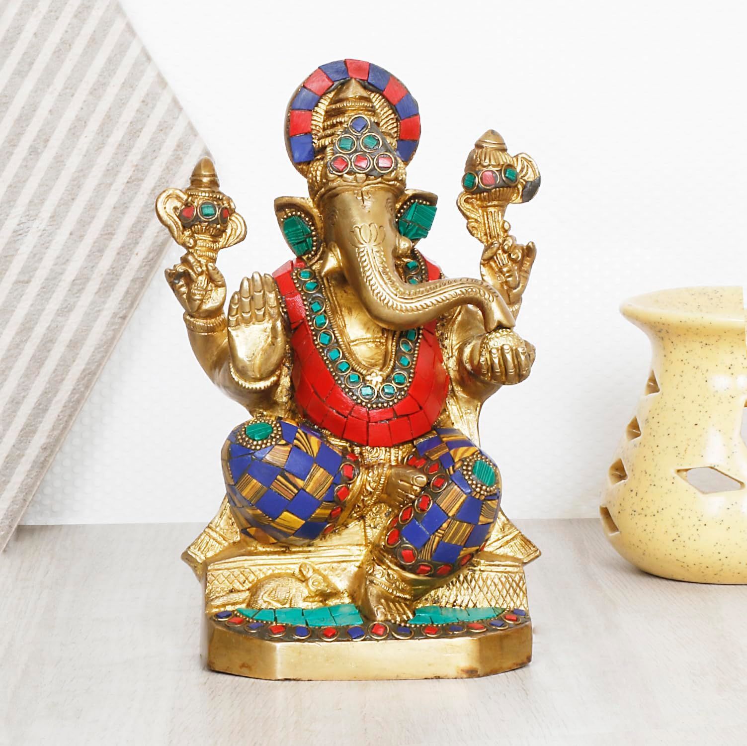 Desi Decor Gold Plated Lord Ganesh Idol | Ganesha Figurine for Home Decor  Statue | Resting on Pillow Blessing Ganpati Murti Luck & Success Diwali  Gifts Home Temple(White, Size: 15 x 15