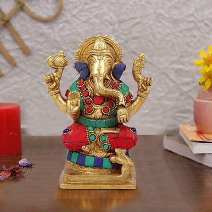 ARTVARKO Brass Multicolor Stone Handwork Ganpati Moorti Ganesha Murti Height 5 Inch