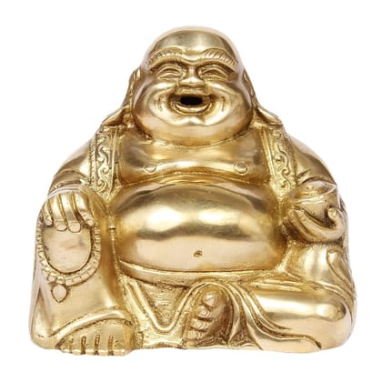 ARTVARKO Brass Feng Shui Happy Man Laughing Buddha Sitting and Holding Ingot Statue for Attracting Money Wealth Prosperity Financial Luck.