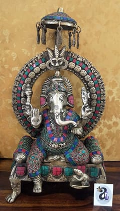 ARTVARKO 17" Large Chatra Ganesha Idol Lord Brass Ganesh Statue Turquoise Handcarved Colorful Deity Elephant God Ganesha Vinayak Figurine Home Decor Office Good Luck Wedding Gift