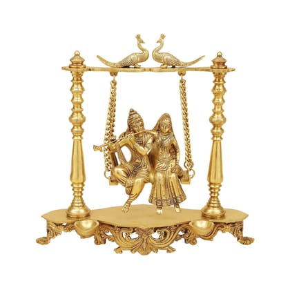 ARTVARKO Brass Radha Krishna Playing Flute On Swing Idol Statue Love Couple Radha Krishan with Diya Double Peacock on Jhoola 16 Inch