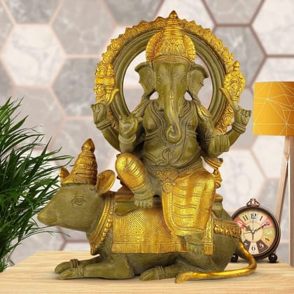 ARTVARKO Big Brass Lord Ganesha Bhagwan Idol Ganesh Statue for Living Room Decor Sitting on Mooshak Rat Sawari Home Entrance Decor Luck Gift Greenish & Gold Finish 16 Inches