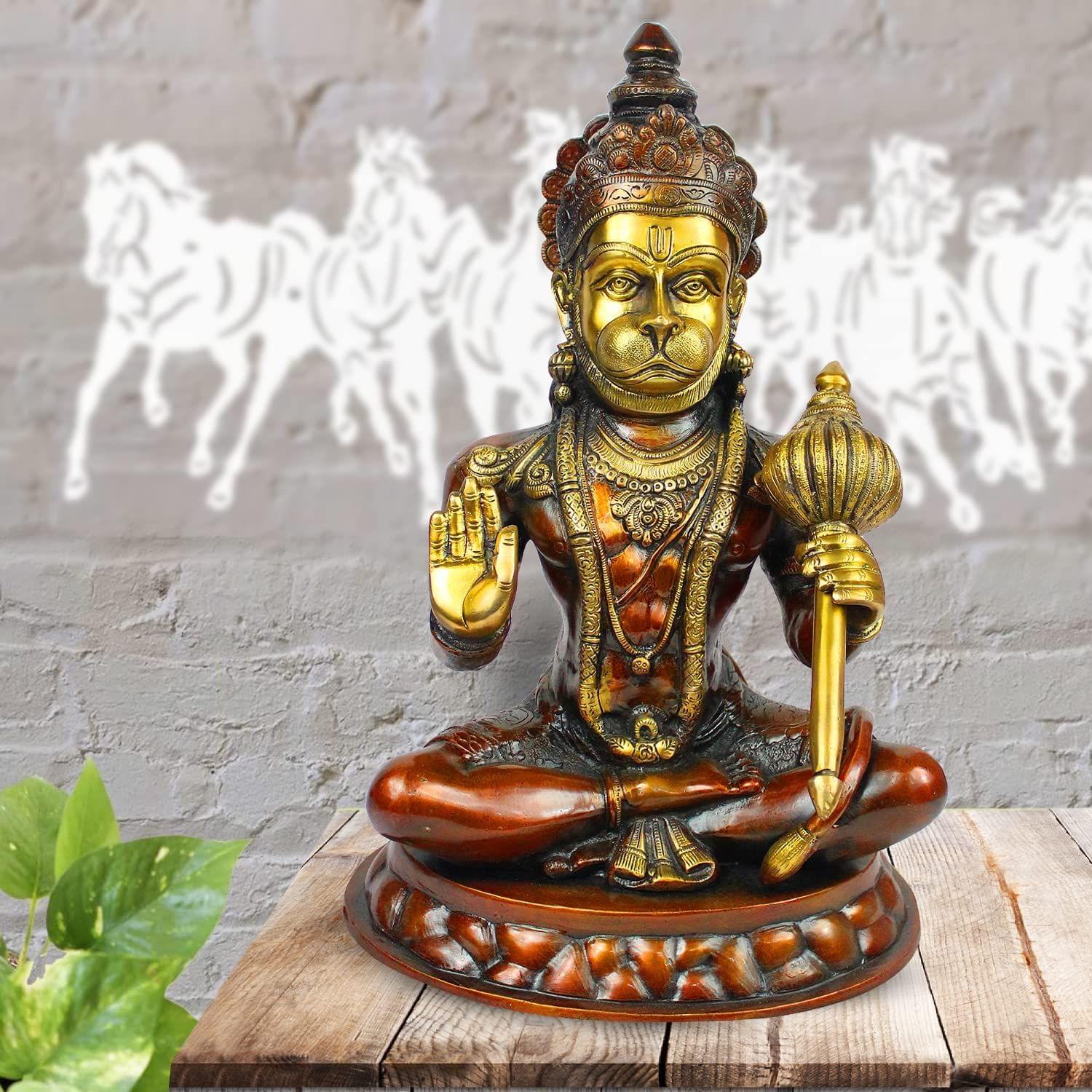 ARTVARKO Big Brass Lord Hanuman Ji Blessing with Gada on Shoulder Murti Bajrangbali Bhagwan Statue Height 15"