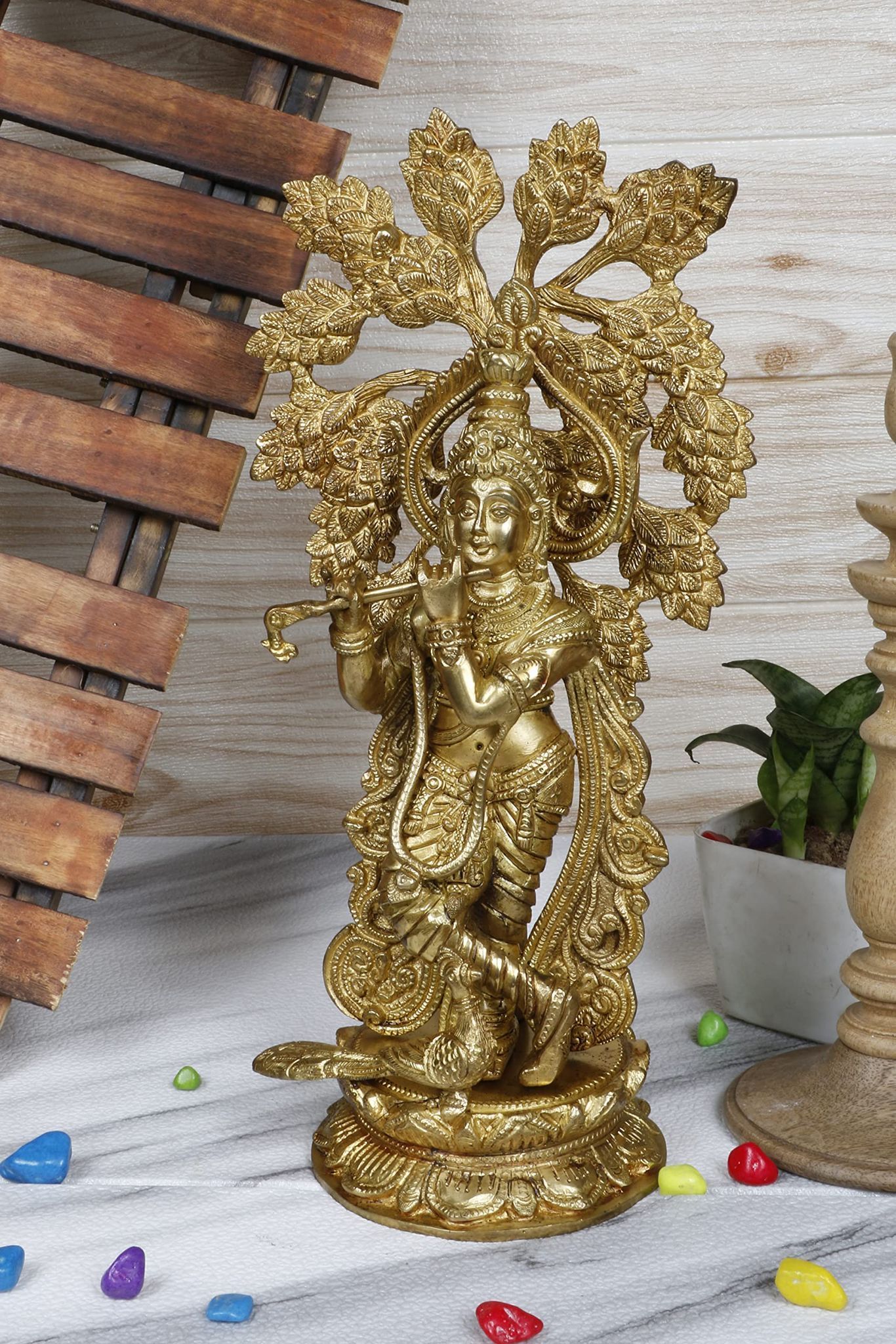 ARTVARKO Brass Krishna Idol Playing Flute with Peacock Under The Kadamba Tree, Height 15 Inches.