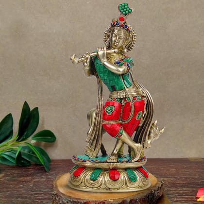 ARTVARKO? Krishna with Cow Brass Large Size Turqoise Idol Statue Vastu Religious Figurine for Mandir, Living Room, Entrance Office Home D�cor 14 Inch