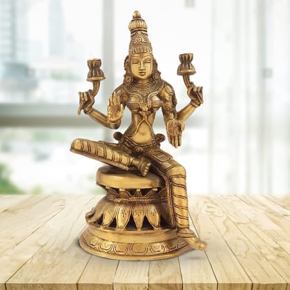 ARTVARKO Artavrko Laxmi Murti Brass Lakshmi Idol Luxmi Goddess Lakshmi Sitting Statue in Blessing Postures for Home Puja Mandir Temple Antique Gold Color Height 12 Inch
