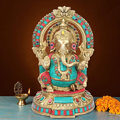 ARTVARKO 1 Ft Large Brass Lord Ganesha Singhasan Idol Ganesha Bhagwan Idol Ganpati Murti Statue Multicolor Gemstone Handwork for Home Decoration Entrance Showpiece and Gift