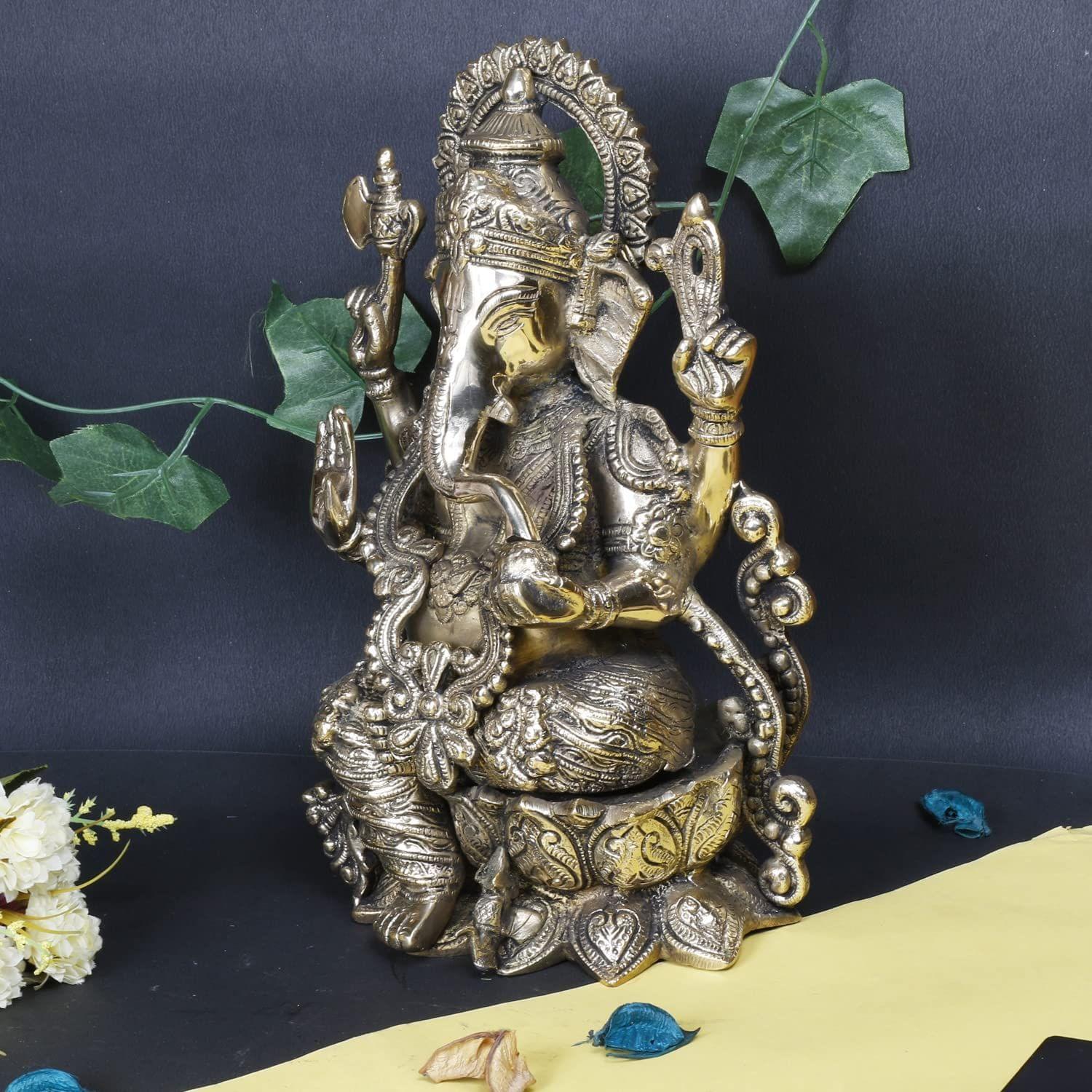 ARTVARKO Brass Mangalkari Ganesha Sitting on Lotus Bhagwan Big Statue for Home Entrance Decor Ganpati Idol Murti Marriage Gift Good Luck Success Diwali Festival Chaturthi Puja 12 Inches