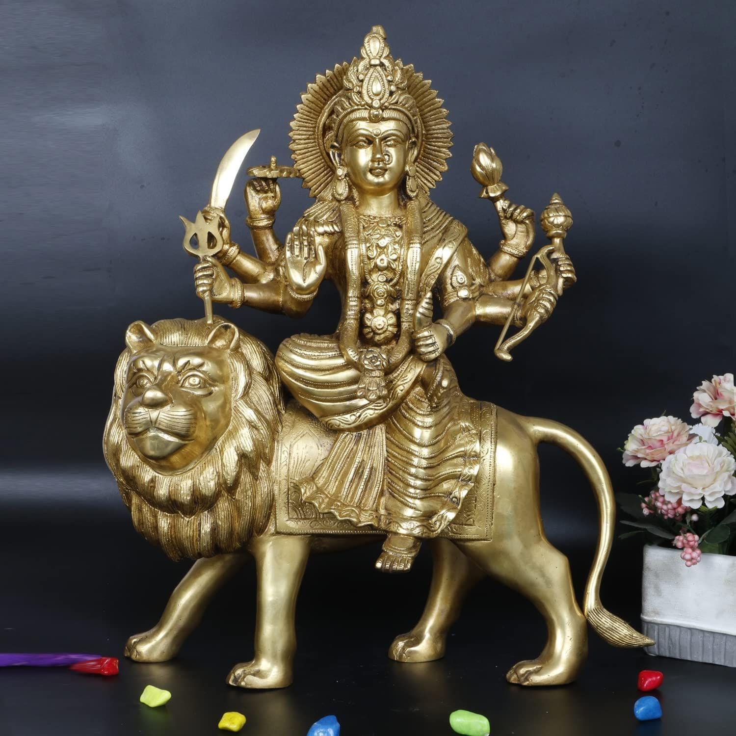 ARTVARKO Brass Durga Maa Sherawali MATA Devi Goddess Sitting on Lion Statue Idol for Home D�cor Puja Temple Mandir Showpiece Gifts 17 Inch