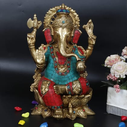 ARTVARKO Brass Ganesha Idol Big Size Statue Ganpati Murti for Home Entrance Decor Luck Gift Decorated with Multicolored Stone Height 12 Inch