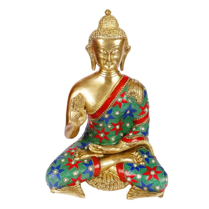 ARTVARKO Buddha Statue Brass with Inlay Work Gifting Vastu Feng Shui Home Decor Sculpture 11 Inches