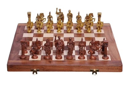 Artvarko 16"x16" Wooden Folding Chess Game Board Set+ Brass Roman Figure Pieces for Gifting, Home Decor & Playing,Gold color