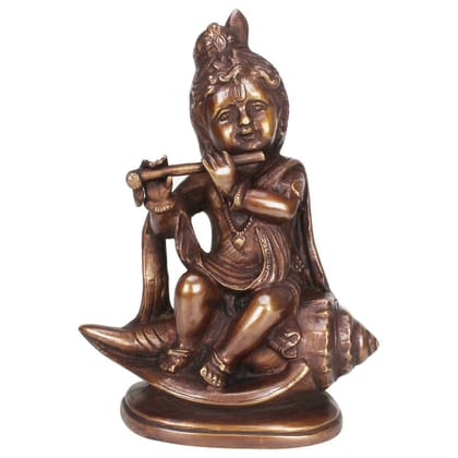 ARTVARKO Brass Metal Multicolor Small Size Krishna Statue Idol Sitting On Conch Shankh with Flute for Blessing Home Decor Pooja Mandir Height 8 Inch