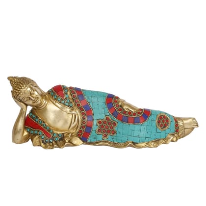 ARTVARKO Brass Buddha Idol Murti Sleeping Resting Multicolor Gemstone Handwork Religious Showpiece for Home Wall Decor 12 Inches