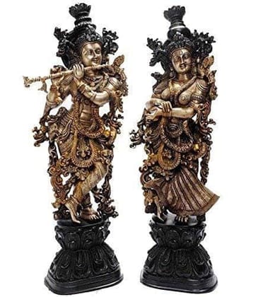 ARTVARKO Brass Lord Radha Krishna Murti Statue Playing Flute Gold and Black Big Size Metal Idol for Home Decor Temple Pooja Room Gallery Gift Height 29 Inch Weight 33 KG