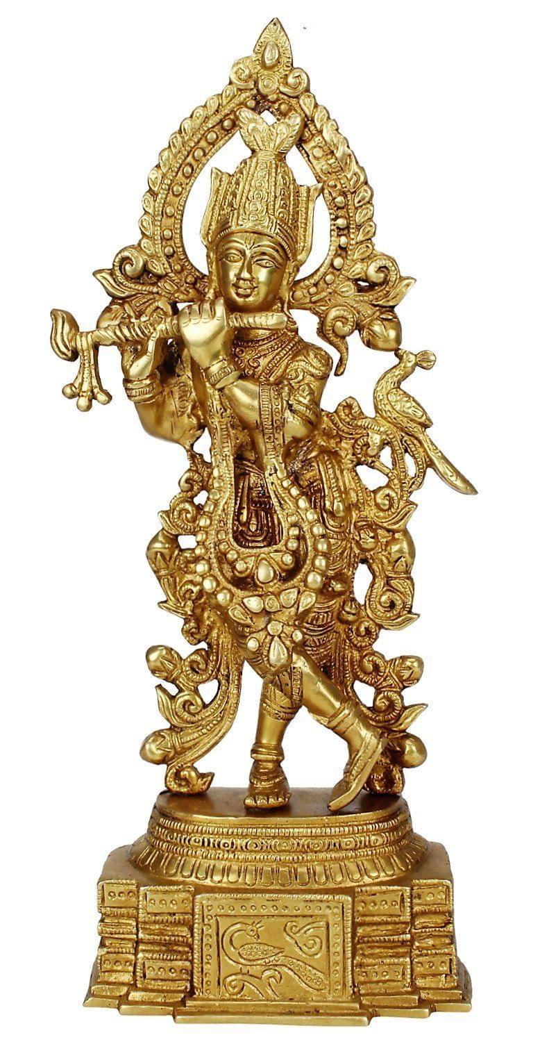 ARTVARKO Brass Murti Lord Krishna Idol God of Love Playing Flute for Home D�cor Living Room Metal Statue Temple Gift Item Gold Polish Height 13.7 Inch