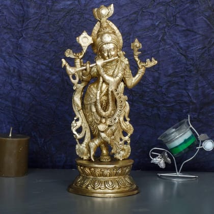 ARTVARKO Large Brass Idol Murti Lord Krishna Metal Statue with Flute On Round Base Sculpture Home Decor for Living Room Pooja Gift Item Height 12 Inch