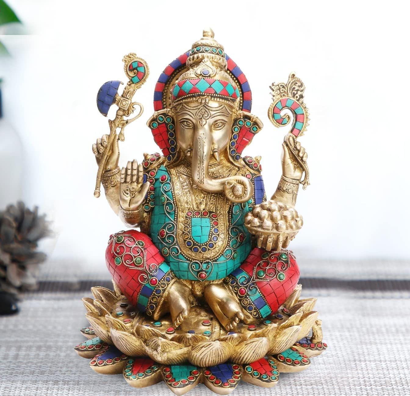 ARTVARKO Large Brass Ganesha Idol Ganpati Ganesh Murti Bhagwan Idol Sitting on Lotus for Home D�cor Mandir Height 11 Inches