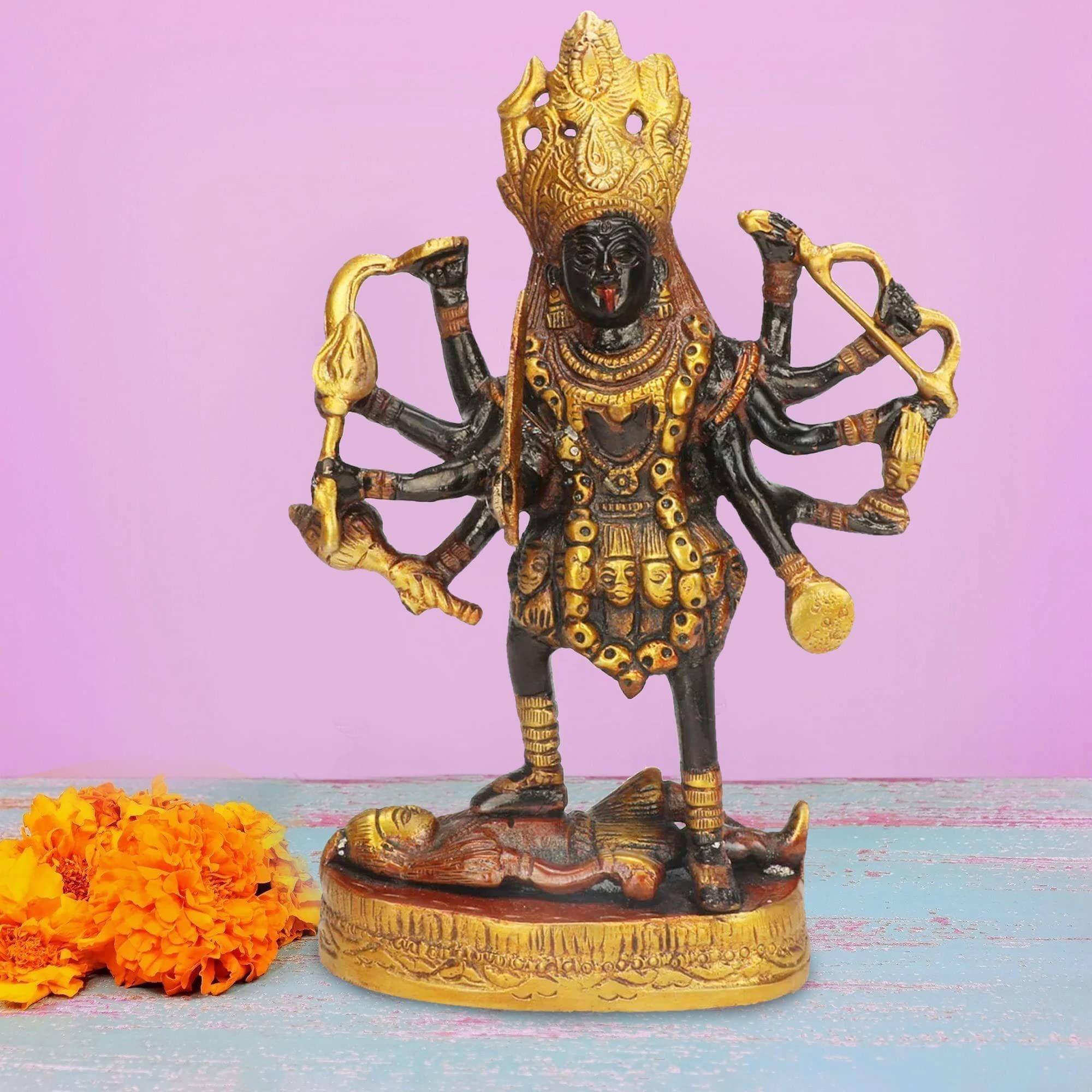 ARTVARKO Brass Antique Finish Kali Maa Murti/Goddess Maha Kali/Mahakali/Kalika Maa Brass Statue Sculpture Idol Murti Decor Size (LxBxH, 5.5 x 2.5 x 7.5 Inches)