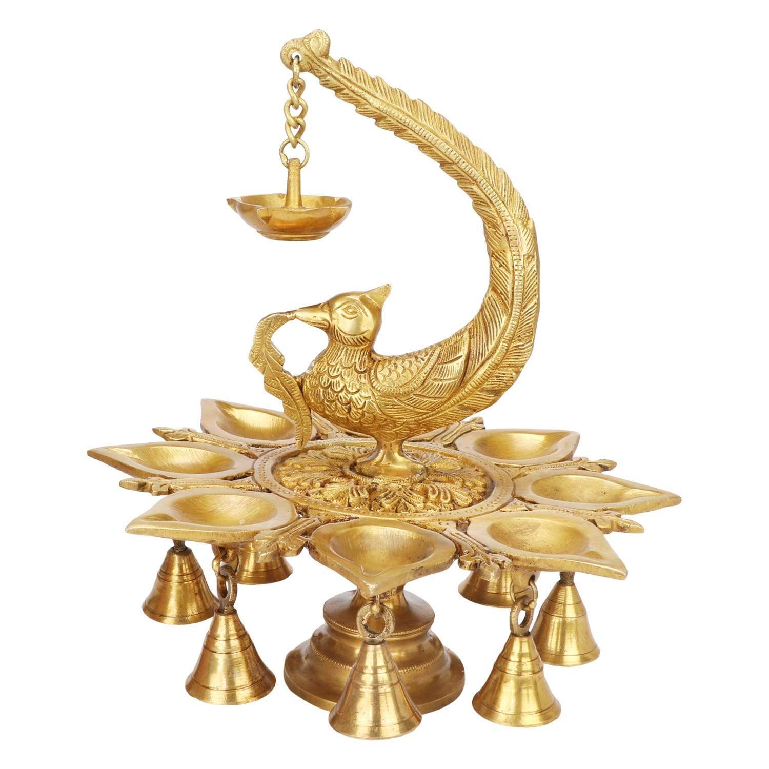 Artvarko Big Brass Parrot Hanging Diya with Bells Traditional Deepak for Puja Diwali Lights Pooja Home Decor Mandir Gift Holder Gold 10 Inches