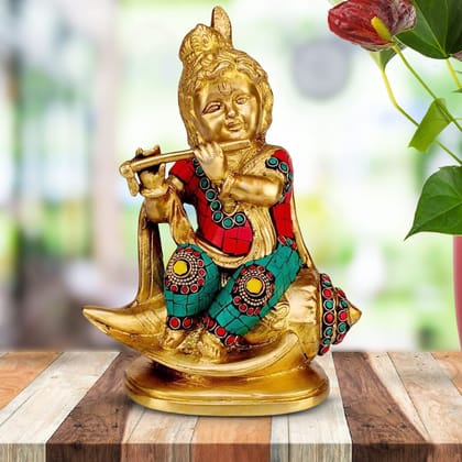 ARTVARKO Brass Idol Murti Small Krishna Statue Sitting on Conch Shankh Playing Flute Multicolor Gemstone Handwork for Home Decor Pooja Height 8 Inch