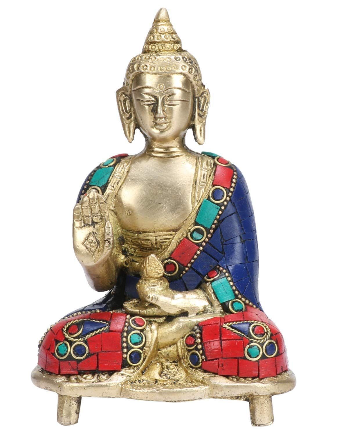 ARTVARKO God Idol Gautam Buddha Brass Statue Sitting Blessing Position Draped in Stone Embellished Shawl H - 6 inch