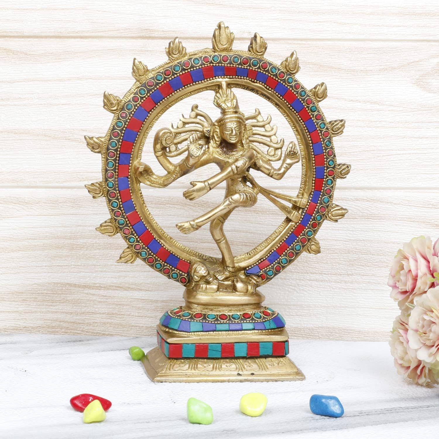 ARTVARKO Brass Metal Dancing God Shiva Bhagwan Idol Natraja Murti Statue with Multicolor Gemstone Work Home D�cor Mandir Pooja Puja