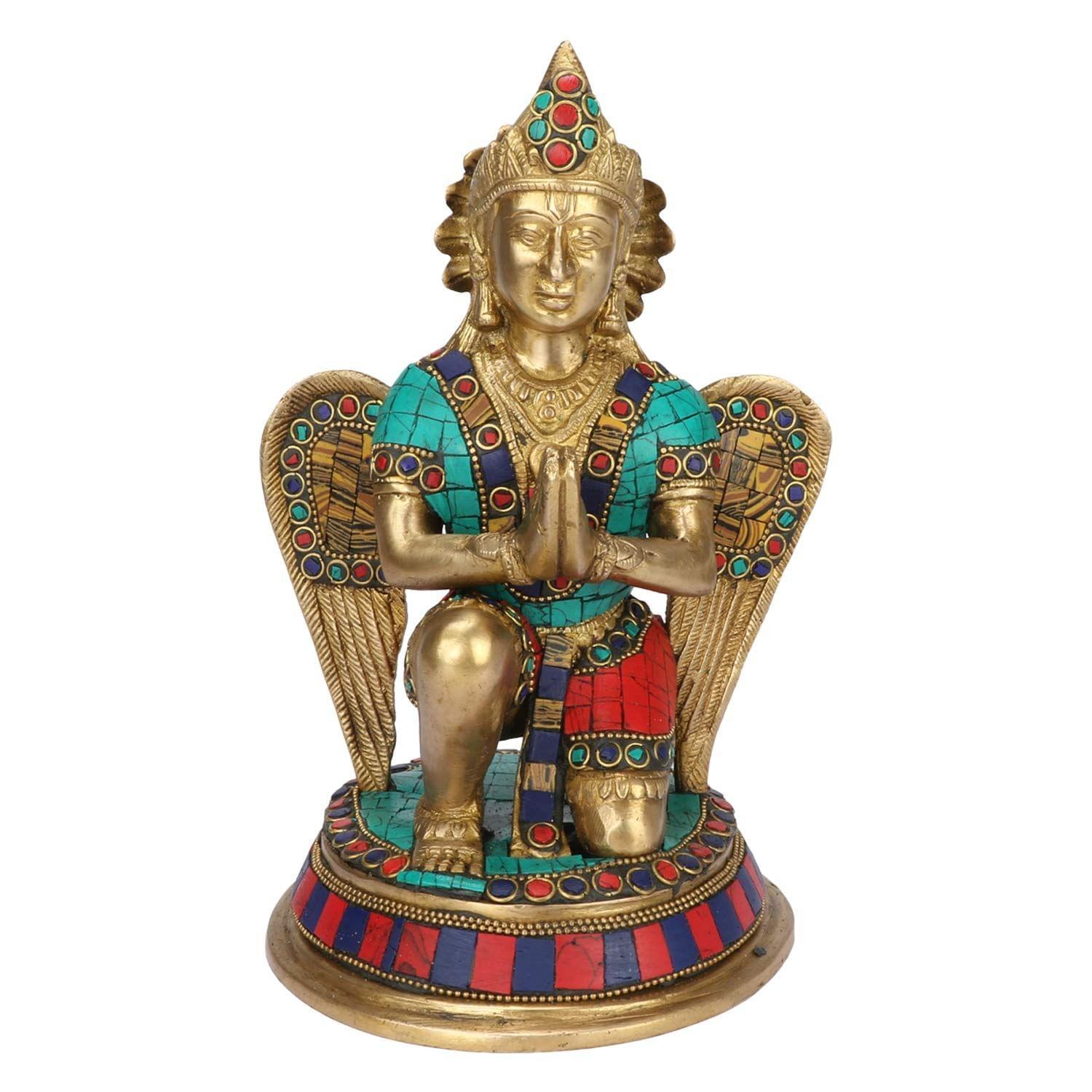 ARTVARKO Brass Vishnu Garuda Vehicle Eagle Murti Idol for Home Office Decor Vastu Gift Item Multiclor Stone Decoration Height 9 Inch