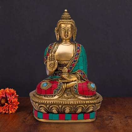 ARTVARKO Buddha Statue Blessing Brass with Multicolor Stone Handwork Home D�cor Entrance Office Table Living Room Meditation Luck Gift Feng Shui Height 7 Inch